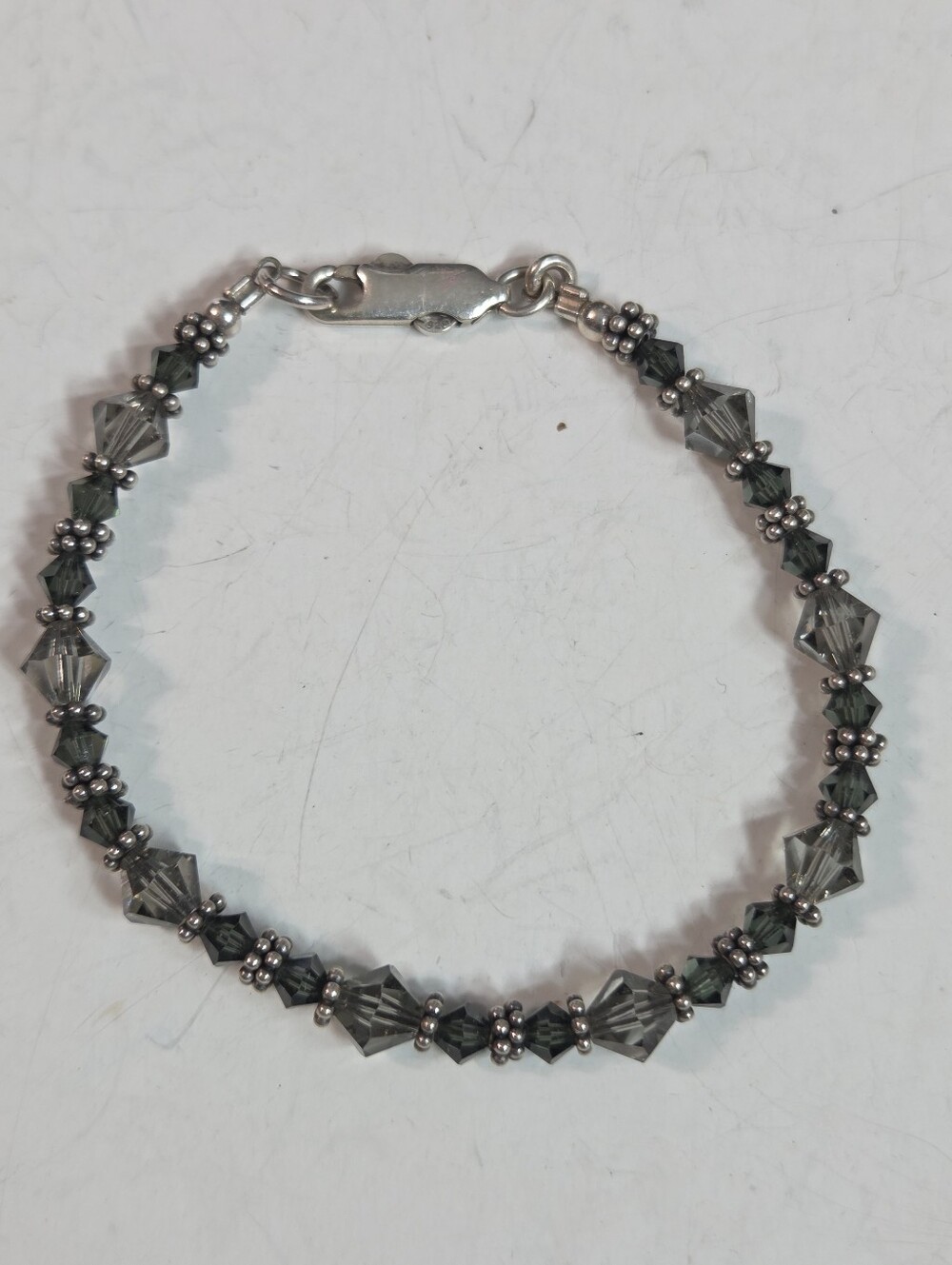 smoky topaz bicone beaded ab crystal sterling silver bracelet 6.5in grey silver
